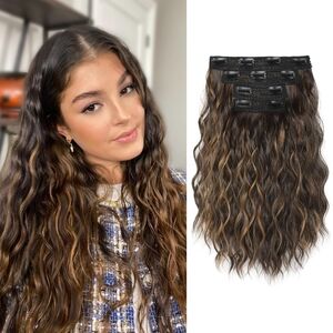 REECHO 4PCS 14” Wavy Clip-In Hair Extensions‎ – Dark Brown with Highlights